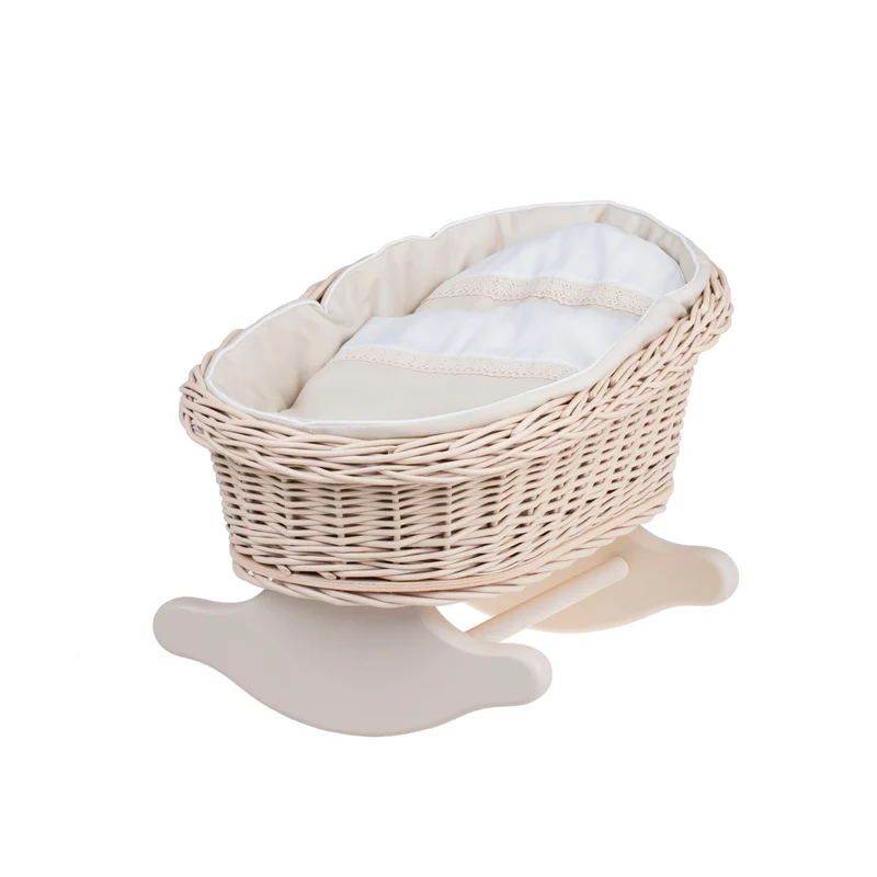 Mimi wicker cradle for dolls with beige lining, pillow and quilt TheWickerStories