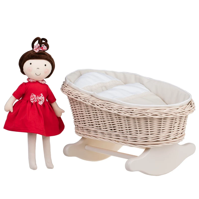 Mimi wicker cradle for dolls with beige lining, pillow and quilt TheWickerStories