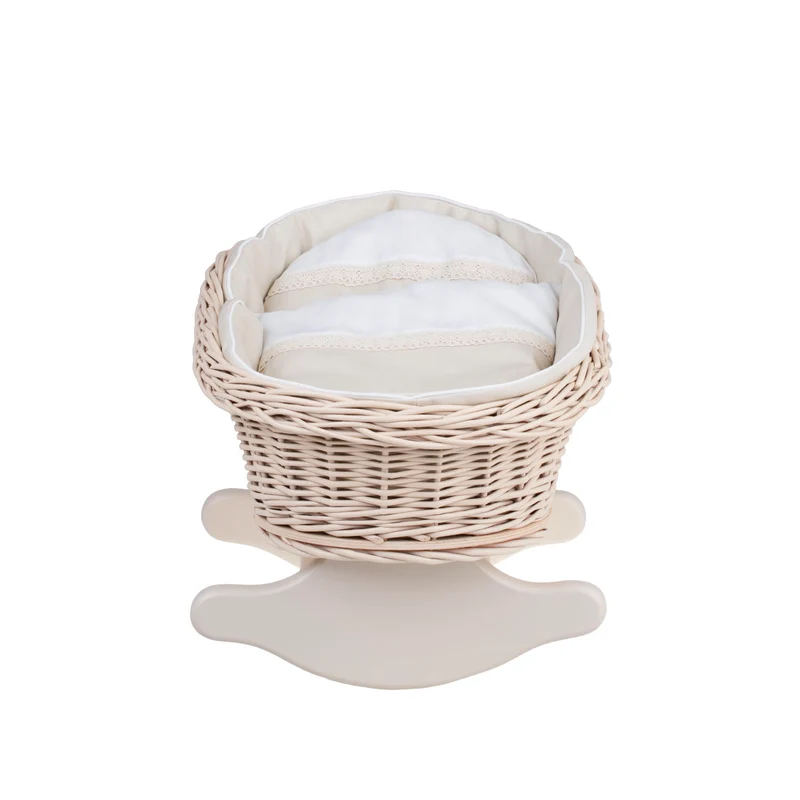 Mimi wicker cradle for dolls with beige lining, pillow and quilt TheWickerStories