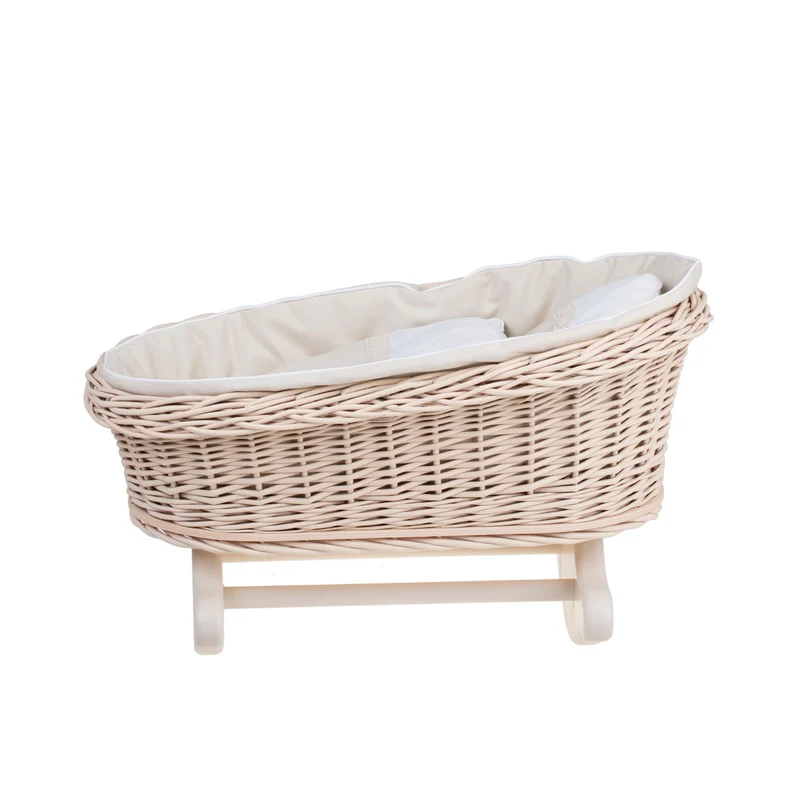 Mimi wicker cradle for dolls with beige lining, pillow and quilt TheWickerStories