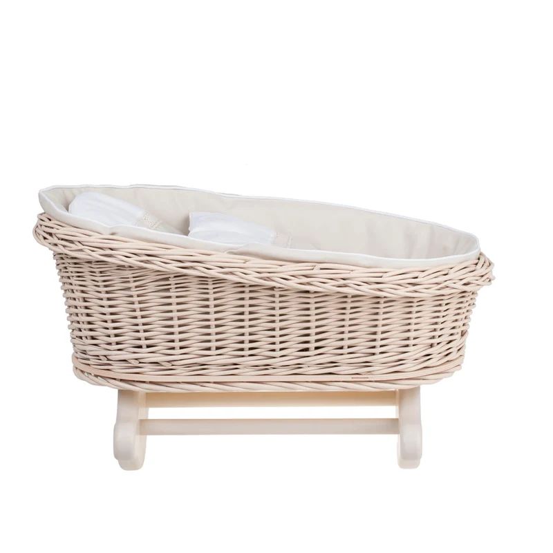 Mimi wicker cradle for dolls with beige lining, pillow and quilt TheWickerStories