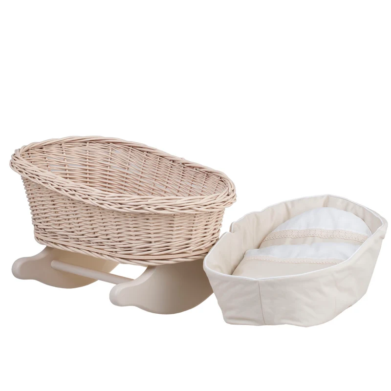 Mimi wicker cradle for dolls with beige lining, pillow and quilt TheWickerStories