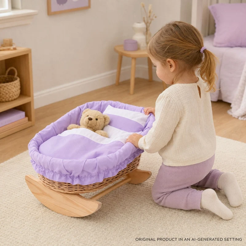 Mimi wicker cradle for dolls with purple lining, pillow and duvet TheWickerStories