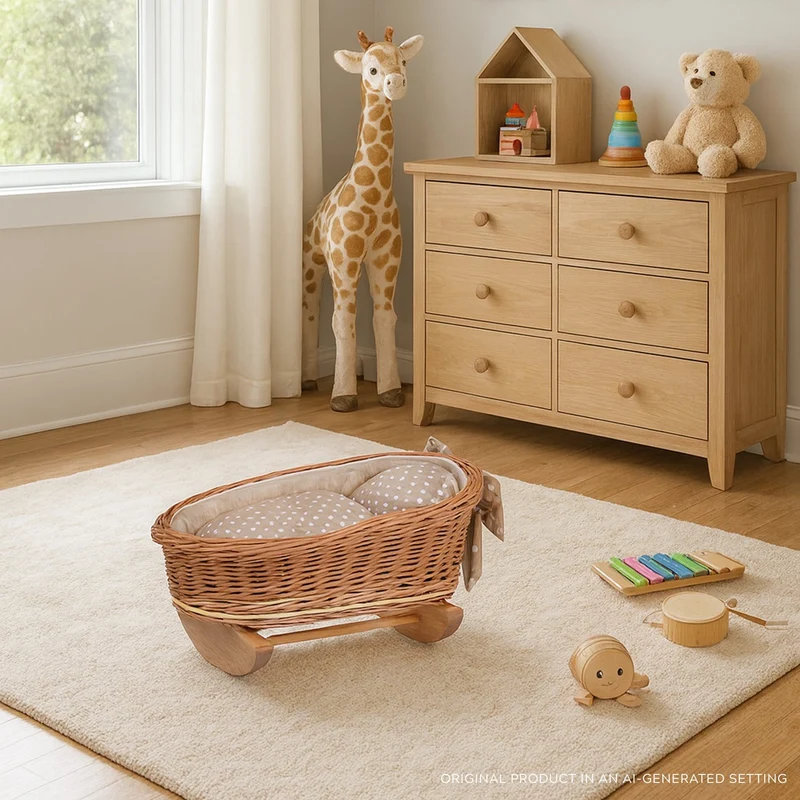 Mimi wicker doll cradle with beige trim, pillow and blanket TheWickerStories