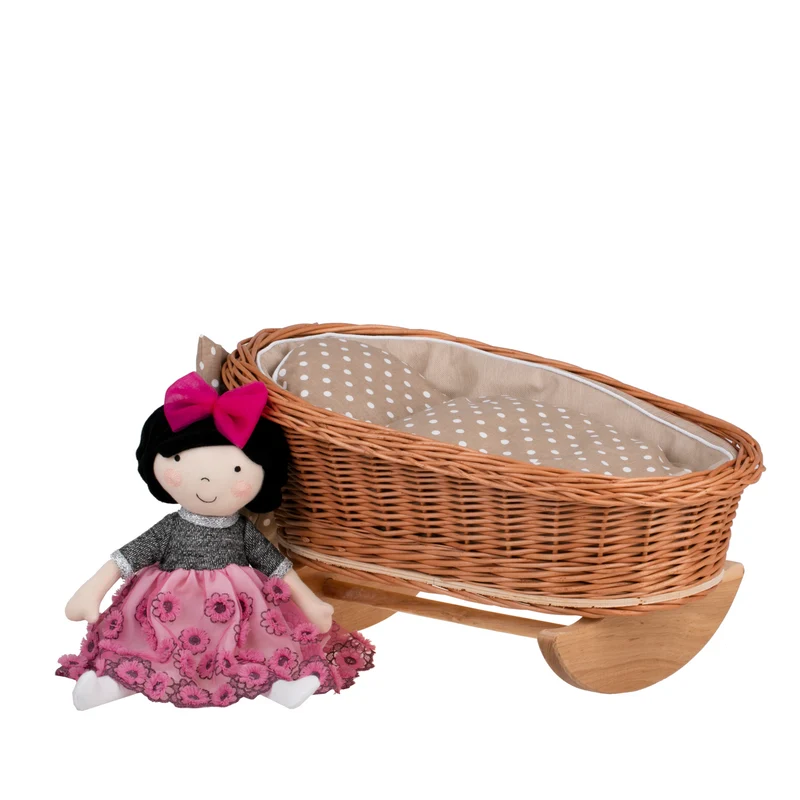 Mimi wicker doll cradle with beige trim, pillow and blanket TheWickerStories