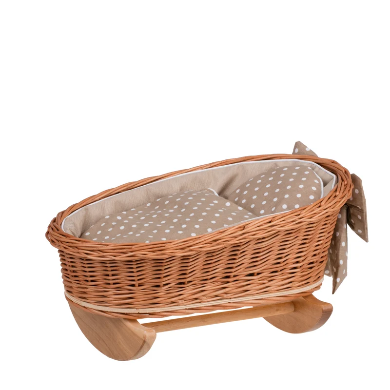 Mimi wicker doll cradle with beige trim, pillow and blanket TheWickerStories