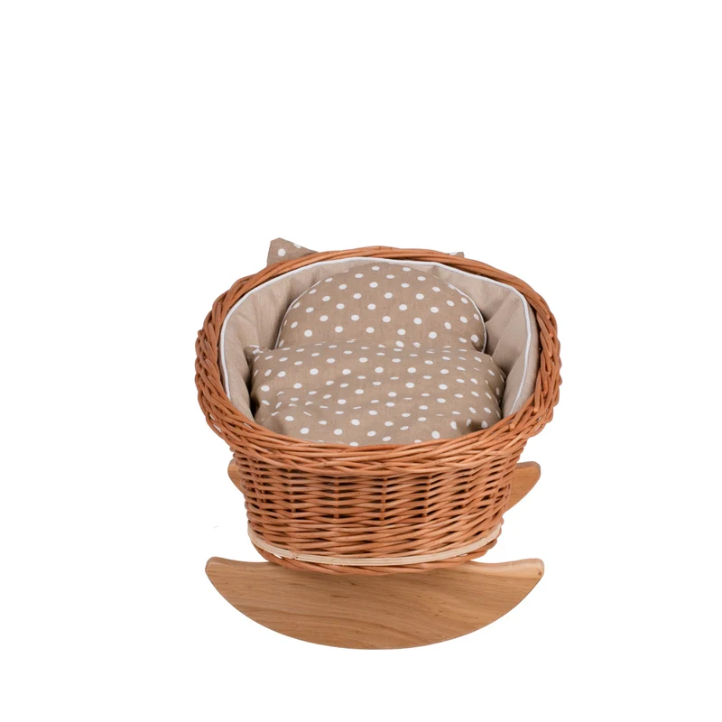 Mimi wicker doll cradle with beige trim, pillow and blanket TheWickerStories