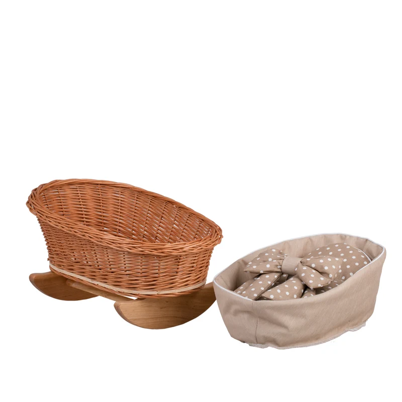 Mimi wicker doll cradle with beige trim, pillow and blanket TheWickerStories