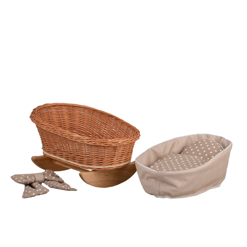 Mimi wicker doll cradle with beige trim, pillow and blanket TheWickerStories