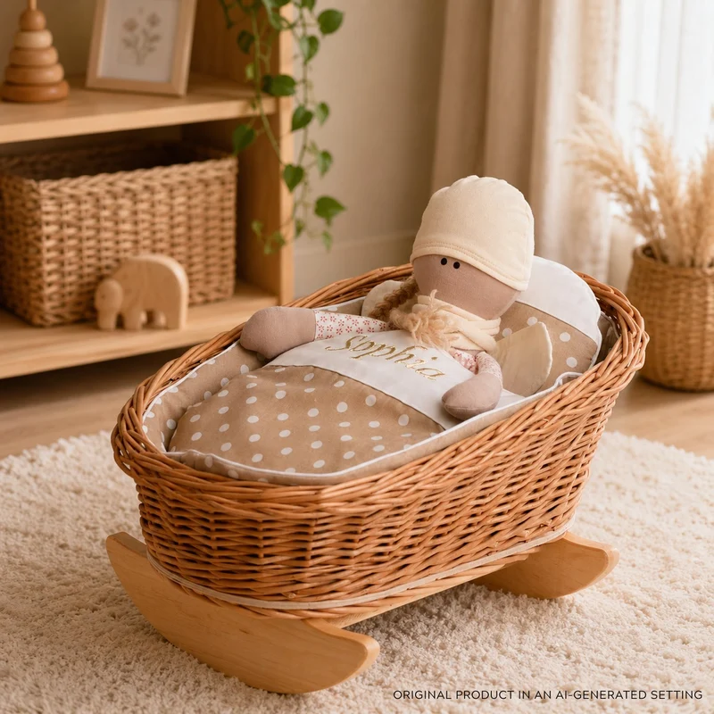 Mimi wicker cradle for dolls with personalization, beige lining, pillow and duvet TheWickerStories