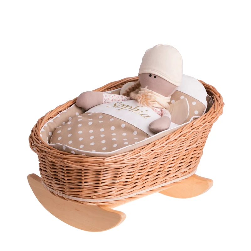 Mimi wicker cradle for dolls with personalization, beige lining, pillow and duvet TheWickerStories