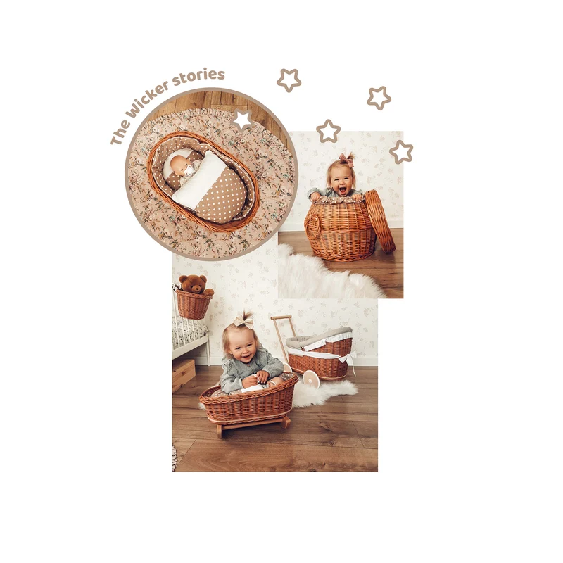 Mimi wicker cradle for dolls with personalization, beige lining, pillow and duvet TheWickerStories