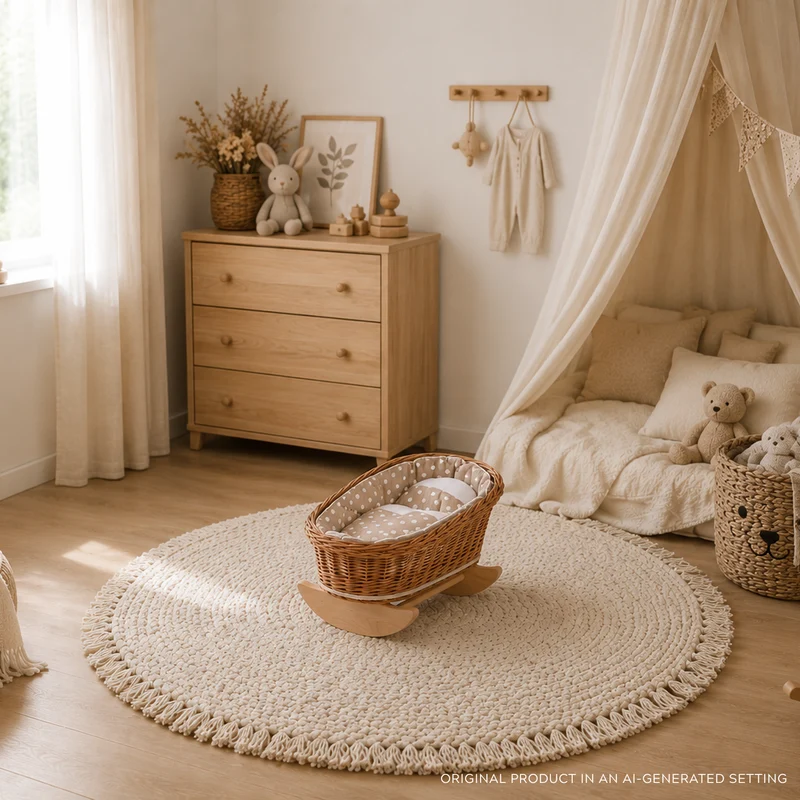 Mimi wicker cradle for dolls with beige lining, pillow and quilt TheWickerStories
