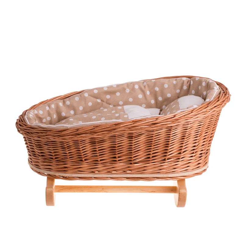 Mimi wicker cradle for dolls with beige lining, pillow and quilt TheWickerStories