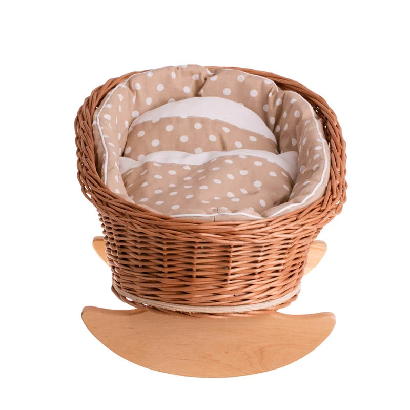 Mimi wicker cradle for dolls with beige lining, pillow and quilt TheWickerStories