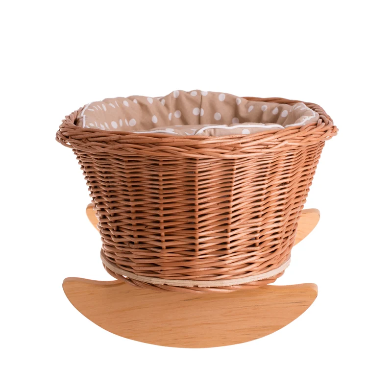 Mimi wicker cradle for dolls with beige lining, pillow and quilt TheWickerStories