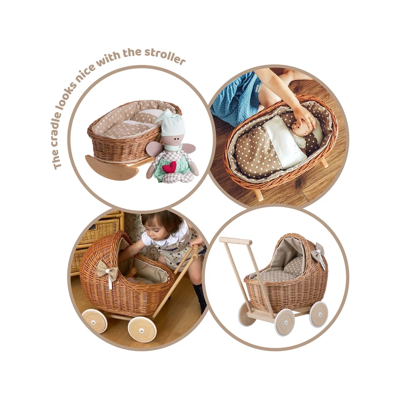 Mimi wicker cradle for dolls with beige lining, pillow and quilt TheWickerStories
