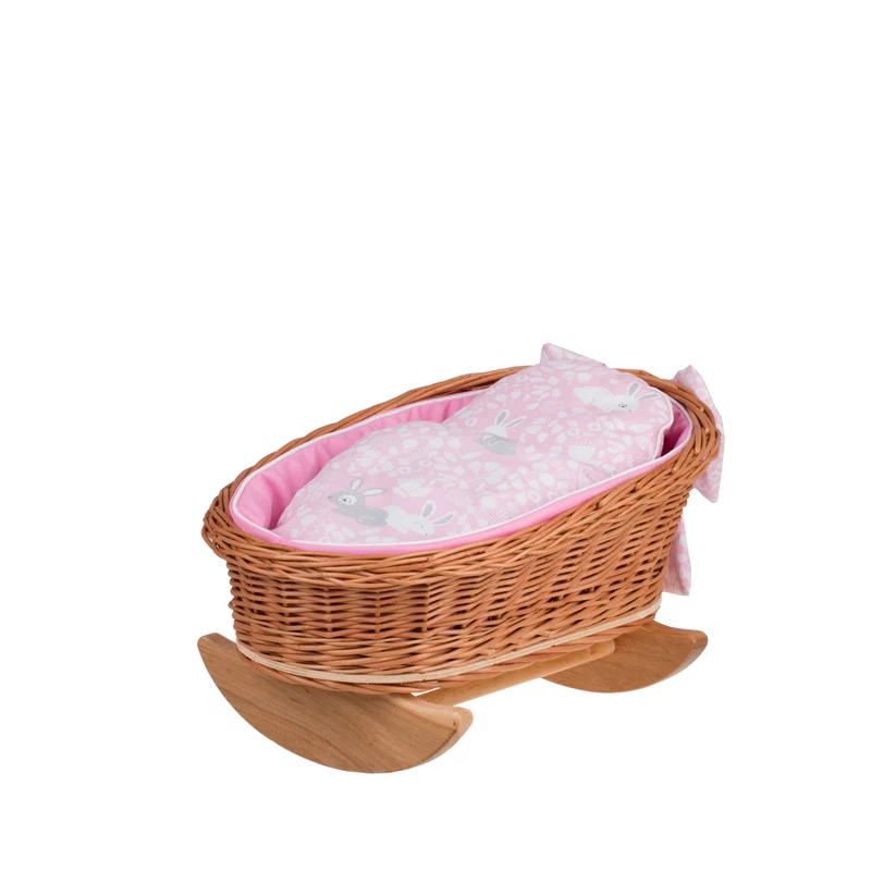 Mimi wicker cradle for dolls with pink lining, pillow and duvet TheWickerStories
