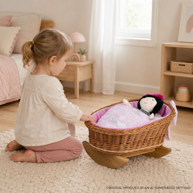 Mimi wicker cradle for dolls with pink lining, pillow and duvet TheWickerStories