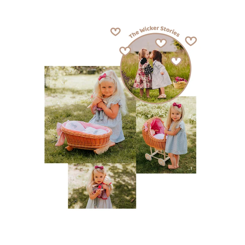 Mimi wicker cradle for dolls with pink lining, pillow and duvet TheWickerStories