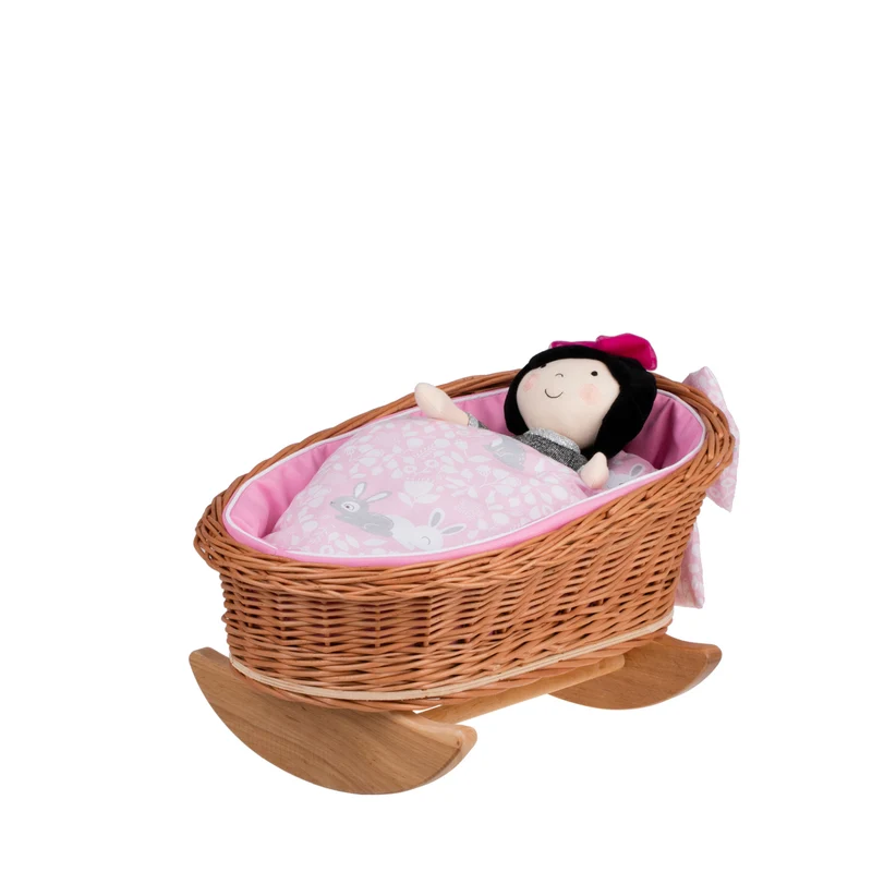 Mimi wicker cradle for dolls with pink lining, pillow and duvet TheWickerStories