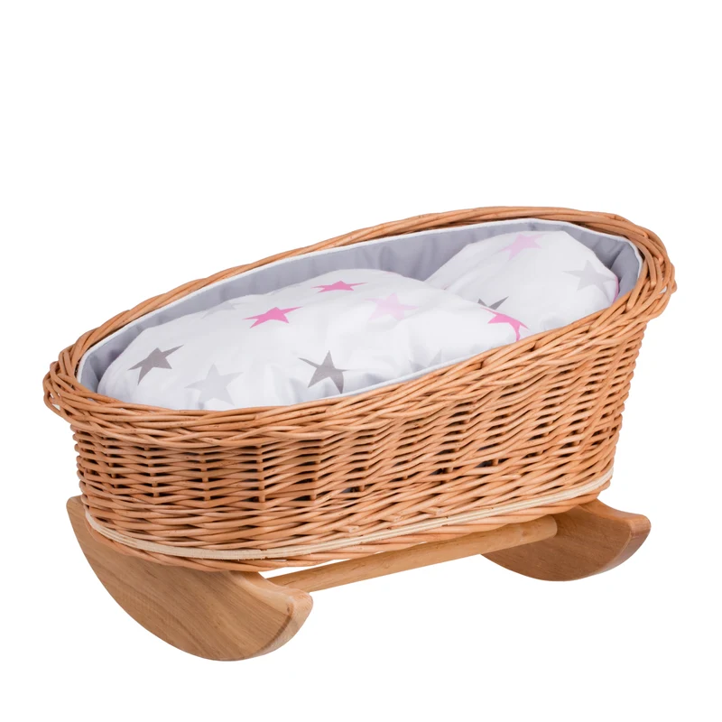Mimi wicker cradle for dolls with grey lining, pillow and quilt TheWickerStories