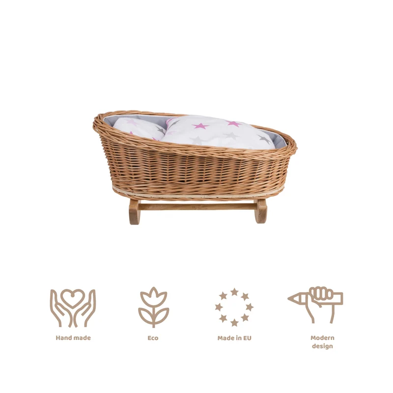 Mimi wicker cradle for dolls with grey lining, pillow and quilt TheWickerStories
