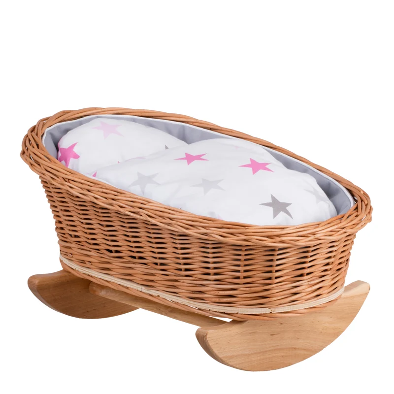 Mimi wicker cradle for dolls with grey lining, pillow and quilt TheWickerStories