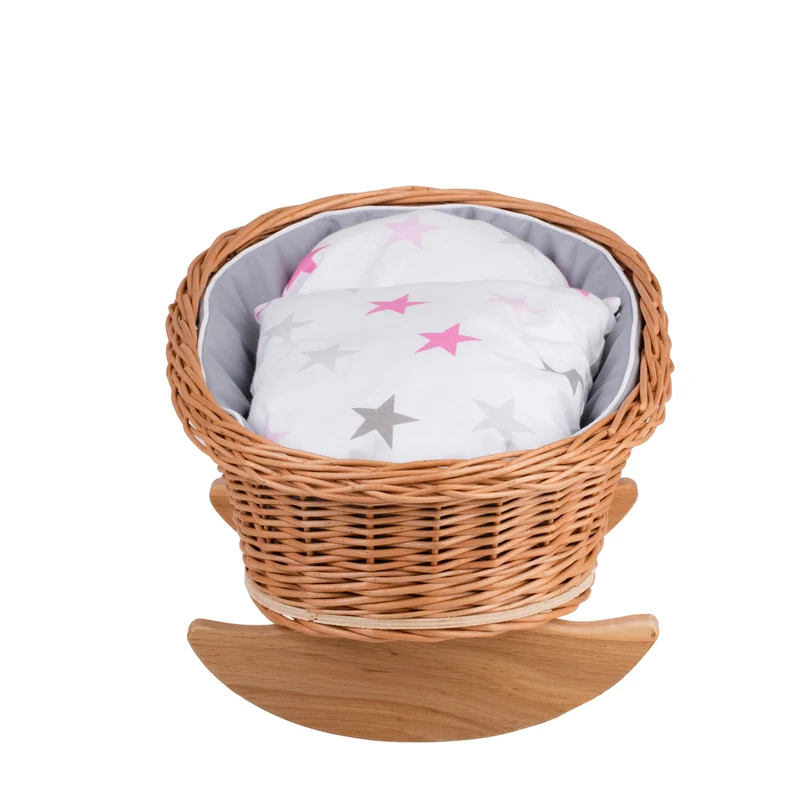 Mimi wicker cradle for dolls with grey lining, pillow and quilt TheWickerStories