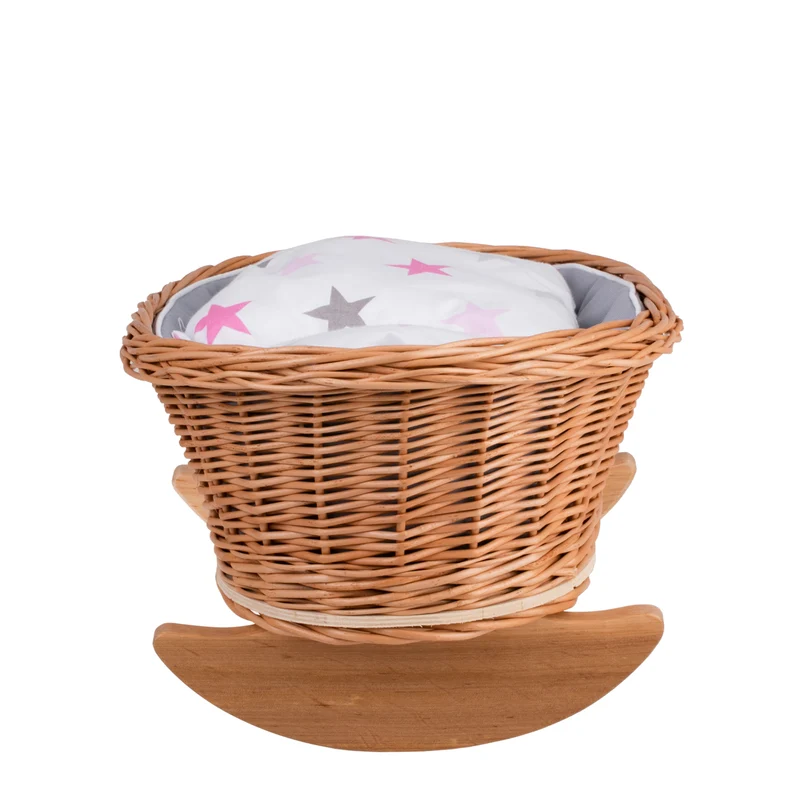 Mimi wicker cradle for dolls with grey lining, pillow and quilt TheWickerStories
