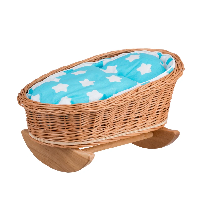 Mimi wicker cradle for dolls with blue lining, pillow and duvet TheWickerStories