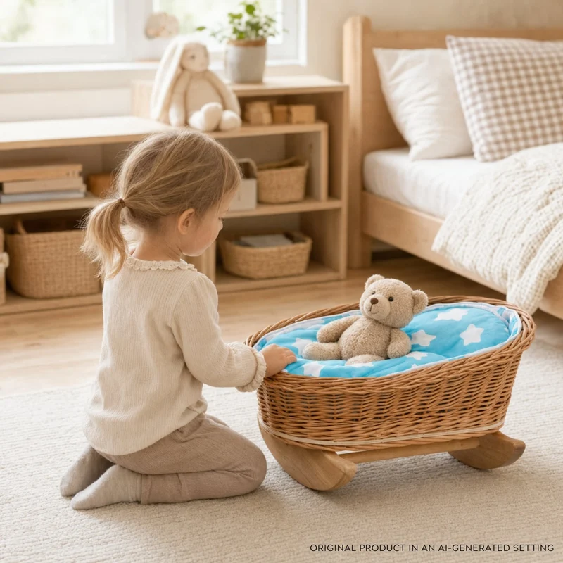 Mimi wicker cradle for dolls with blue lining, pillow and duvet TheWickerStories