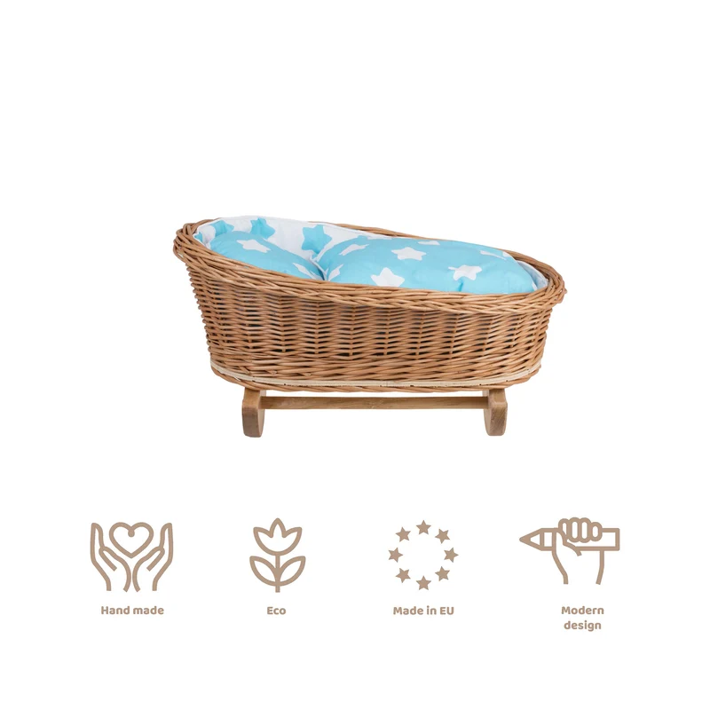 Mimi wicker cradle for dolls with blue lining, pillow and duvet TheWickerStories