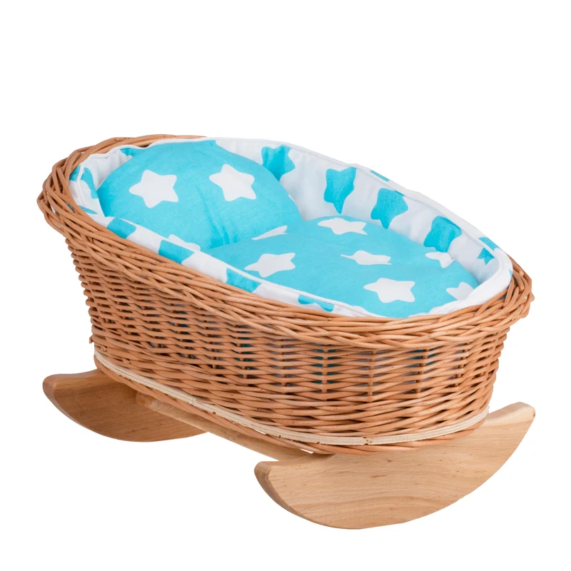 Mimi wicker cradle for dolls with blue lining, pillow and duvet TheWickerStories