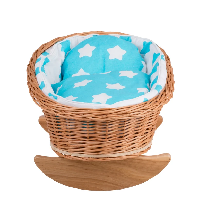 Mimi wicker cradle for dolls with blue lining, pillow and duvet TheWickerStories