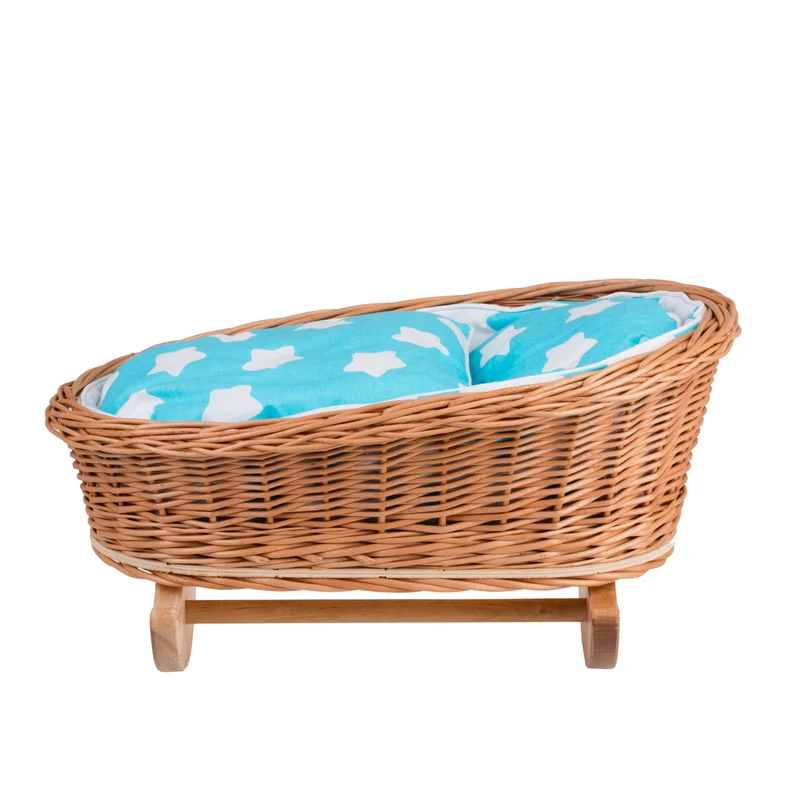 Mimi wicker cradle for dolls with blue lining, pillow and duvet TheWickerStories