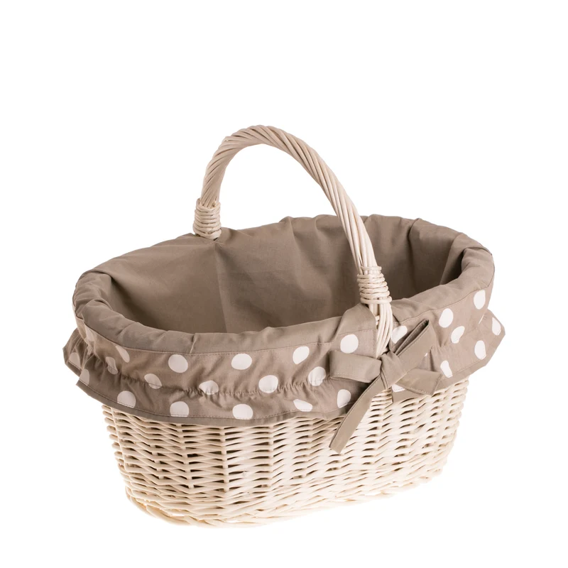 Walerissa wicker shopping basket, mushroom and picnic basket, decorative gift basket with fabric trim TheWickerStories