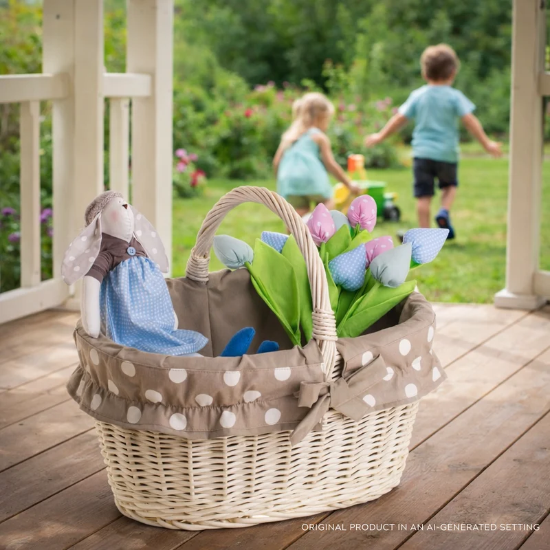 Walerissa wicker shopping basket, mushroom and picnic basket, decorative gift basket with fabric trim TheWickerStories