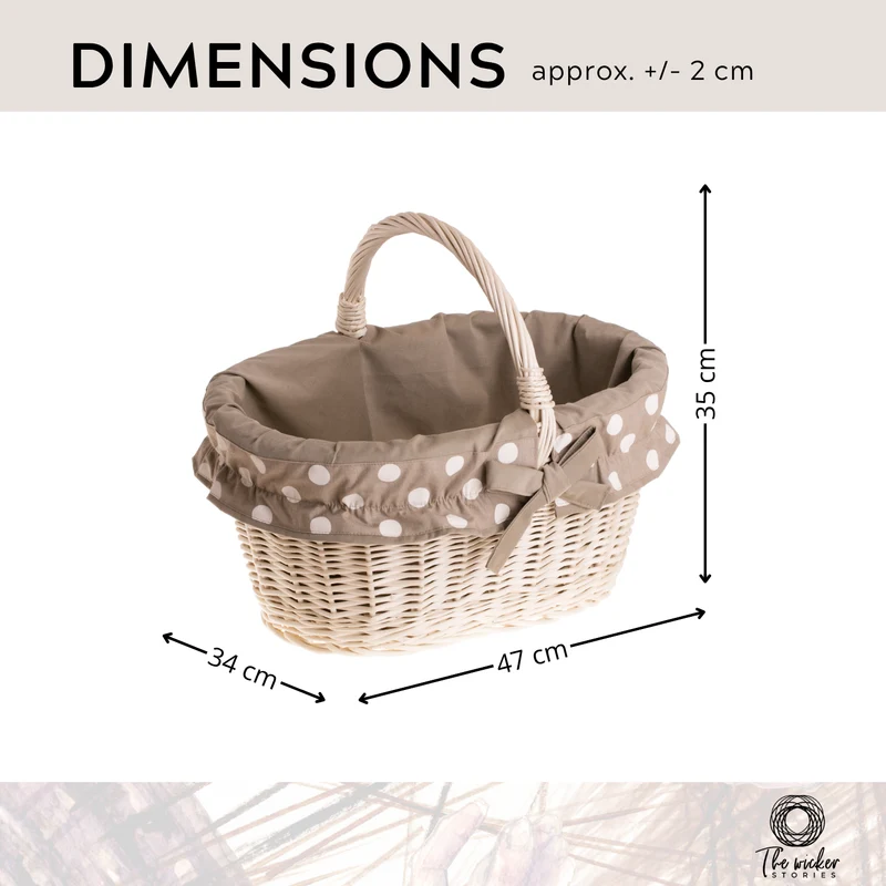 Walerissa wicker shopping basket, mushroom and picnic basket, decorative gift basket with fabric trim TheWickerStories