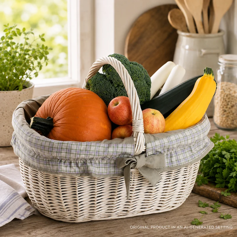Wilhelmina wicker shopping basket, mushroom and picnic basket, decorative gift basket with trim TheWickerStories