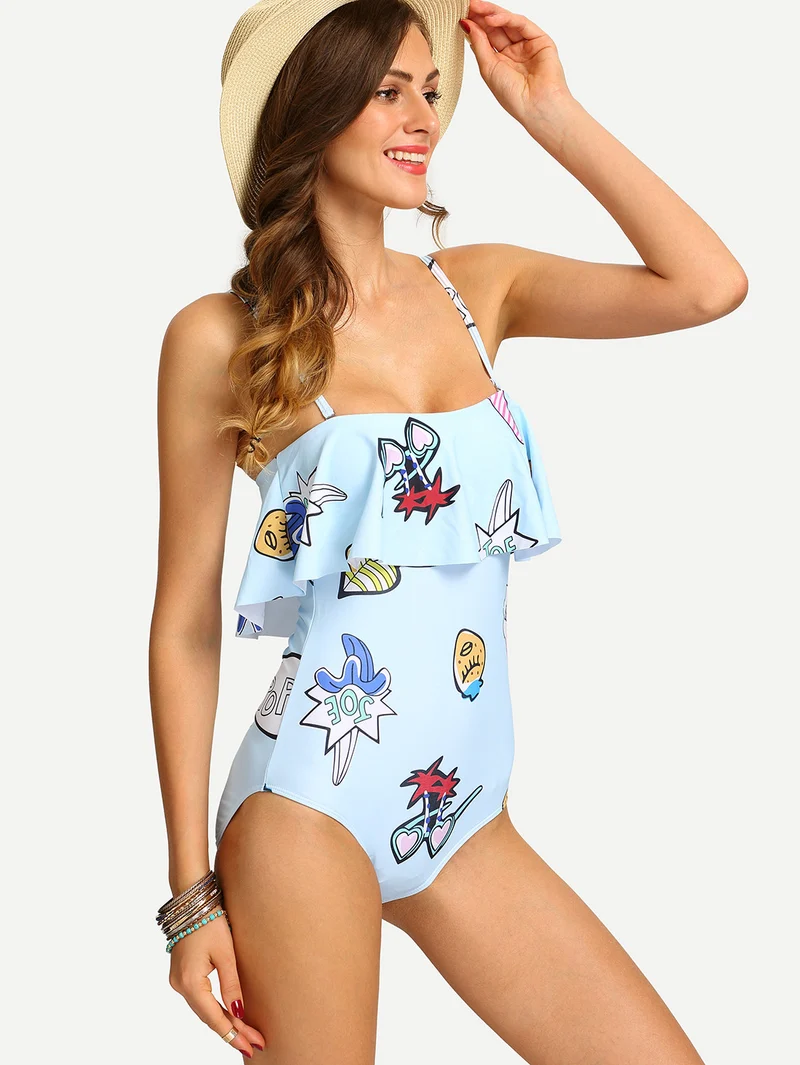 Graffiti Print Flounce One-Piece Swimwear