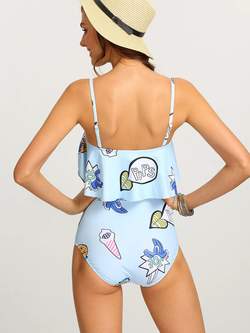 Graffiti Print Flounce One-Piece Swimwear