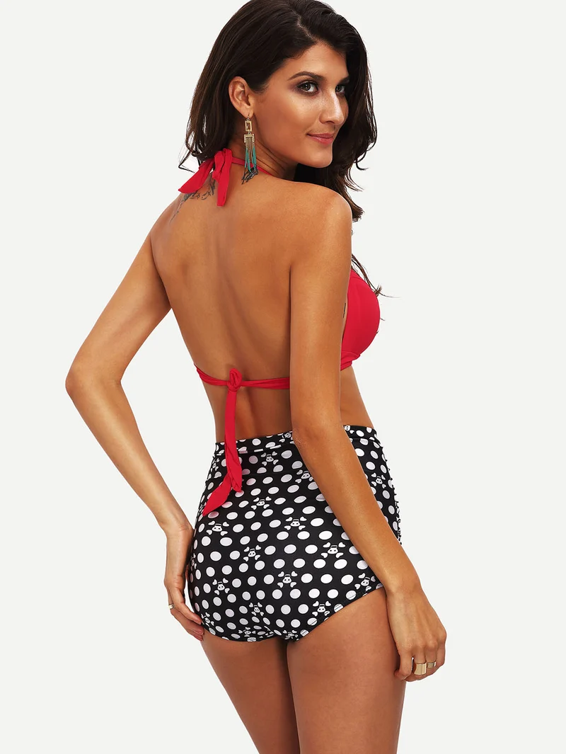 Halter Dot And Flower Print Vintage Bikini Set