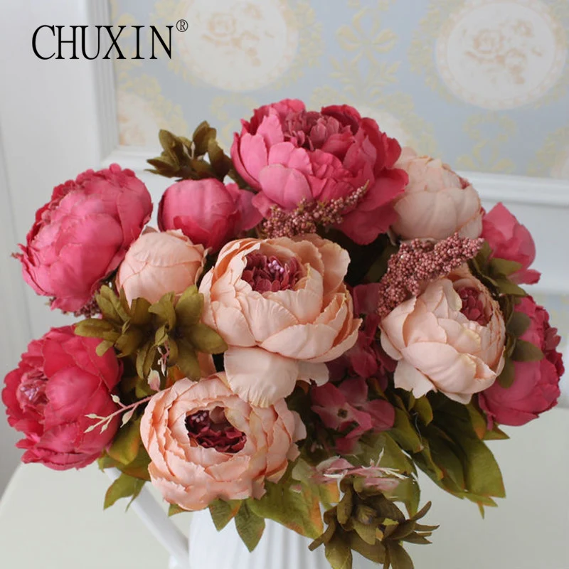 HIGHT Quality silk flower European 1 Bouquet Artificial Flowers Fall Vivid Peony Fake Leaf Wedding Home Party Decoration