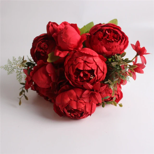 HIGHT Quality silk flower European 1 Bouquet Artificial Flowers Fall Vivid Peony Fake Leaf Wedding Home Party Decoration