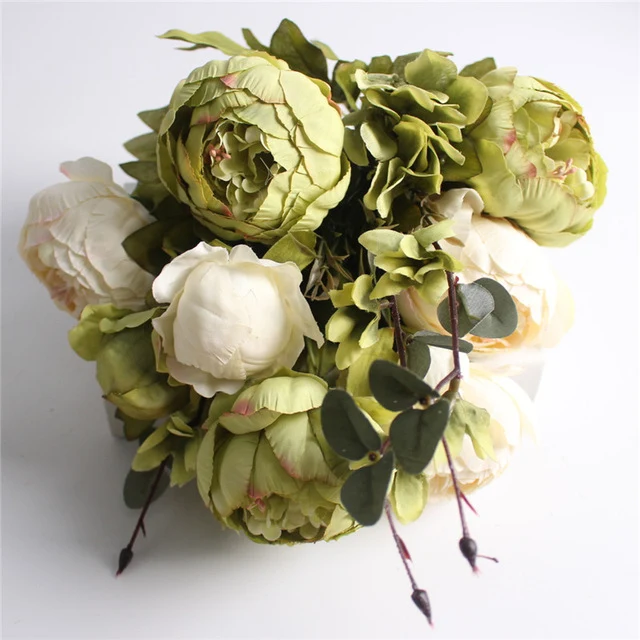 HIGHT Quality silk flower European 1 Bouquet Artificial Flowers Fall Vivid Peony Fake Leaf Wedding Home Party Decoration