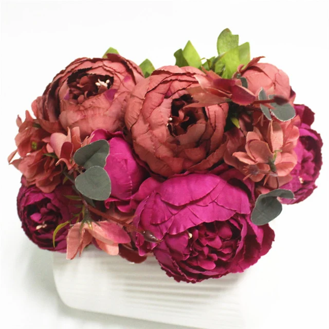 HIGHT Quality silk flower European 1 Bouquet Artificial Flowers Fall Vivid Peony Fake Leaf Wedding Home Party Decoration