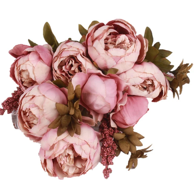 HIGHT Quality silk flower European 1 Bouquet Artificial Flowers Fall Vivid Peony Fake Leaf Wedding Home Party Decoration