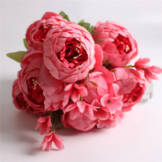 HIGHT Quality silk flower European 1 Bouquet Artificial Flowers Fall Vivid Peony Fake Leaf Wedding Home Party Decoration
