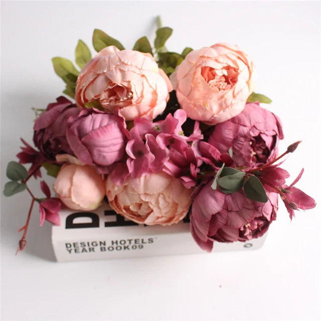 HIGHT Quality silk flower European 1 Bouquet Artificial Flowers Fall Vivid Peony Fake Leaf Wedding Home Party Decoration